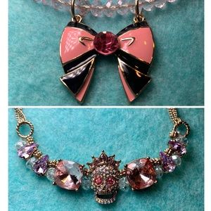 Betsey Johnson Authentic Vintage Like New Set of Unique Necklaces Pink Bow Skull